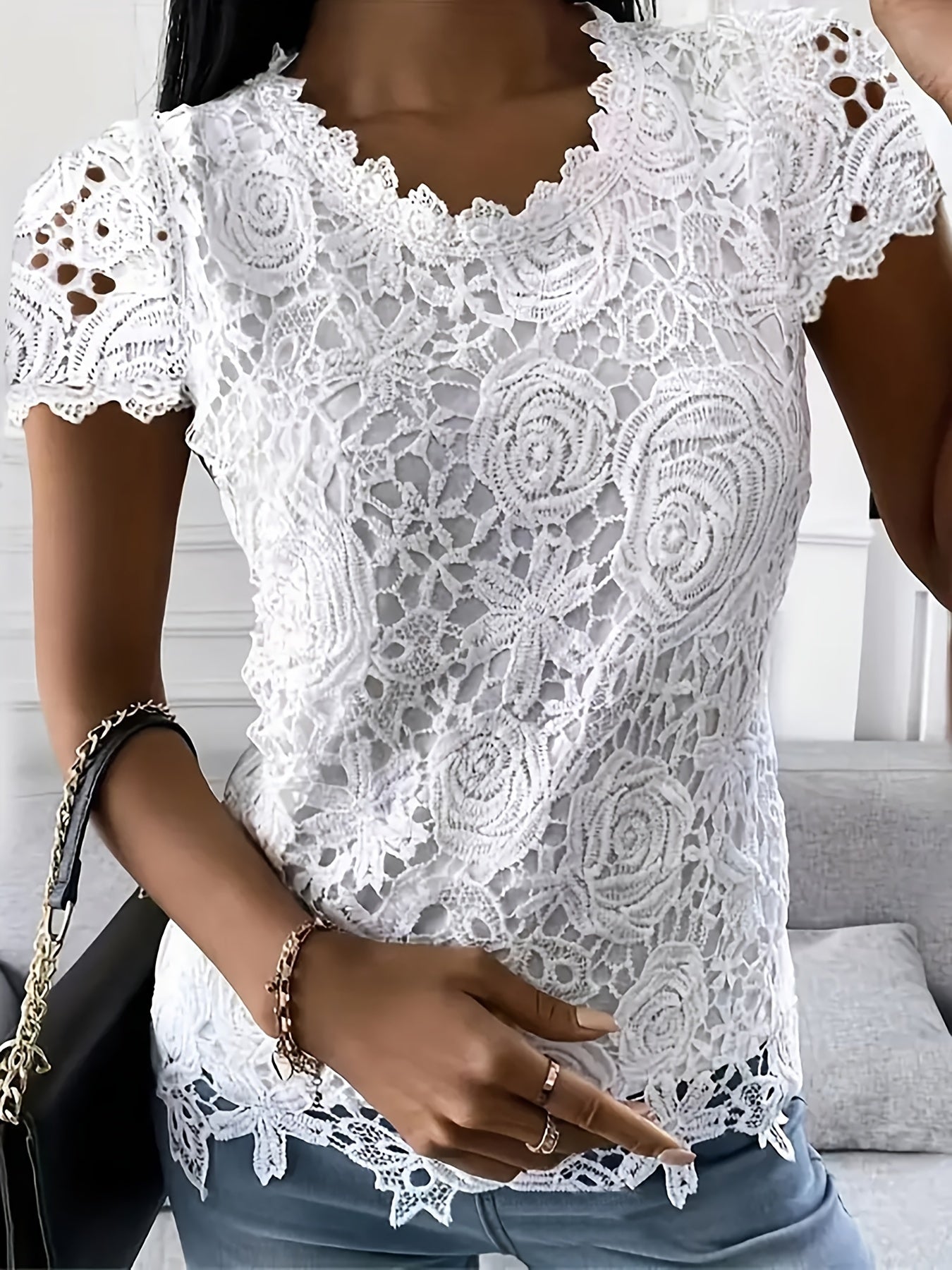 Solid Lace Short Sleeve Top Vielseitige Bluse
