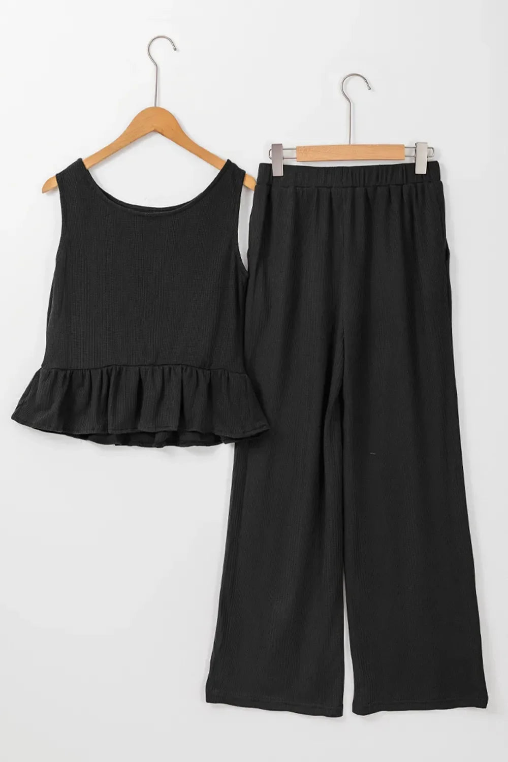 Color Ribbed Ruffle Tank Top and Pants Set - tif-shop24.de