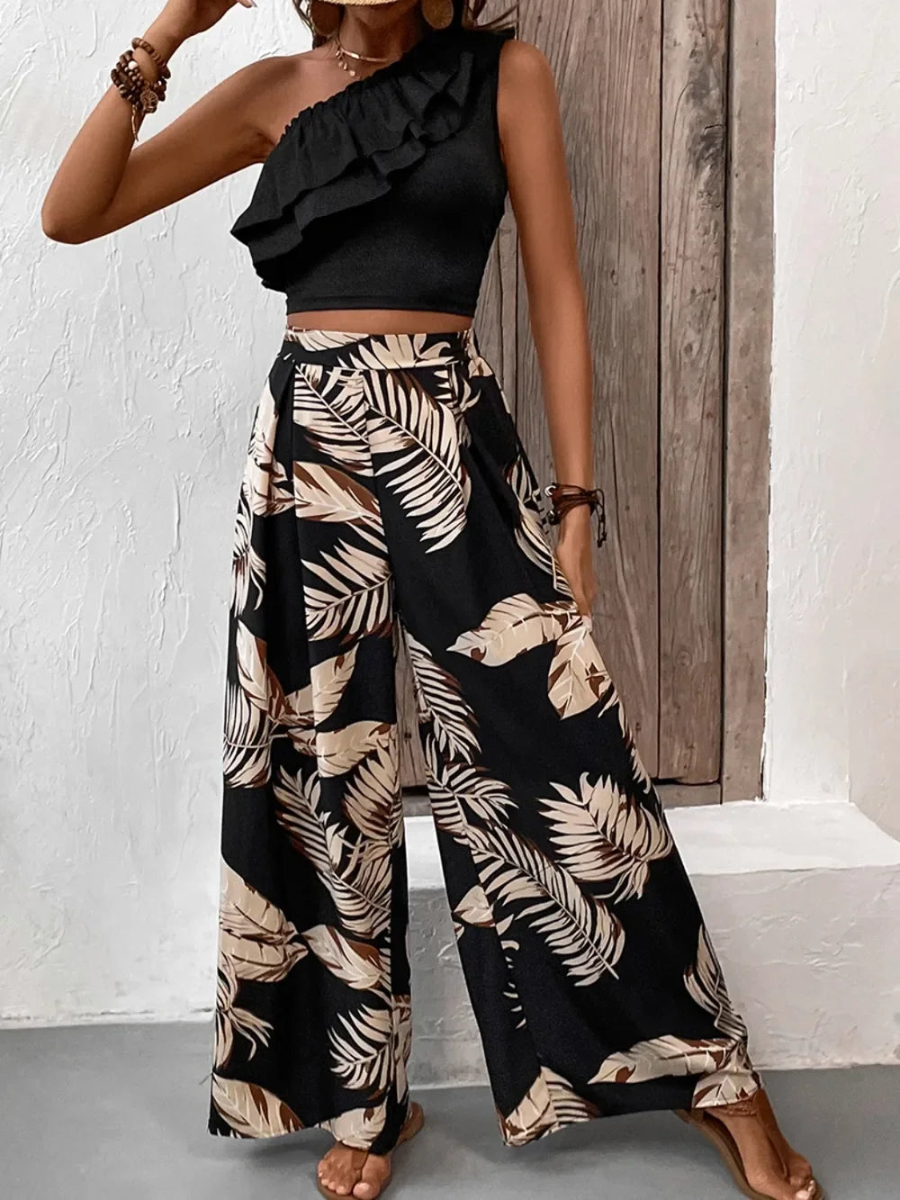 Honey Ruffled Sleeveless Top and Printed Pants Set - tif-shop24.de