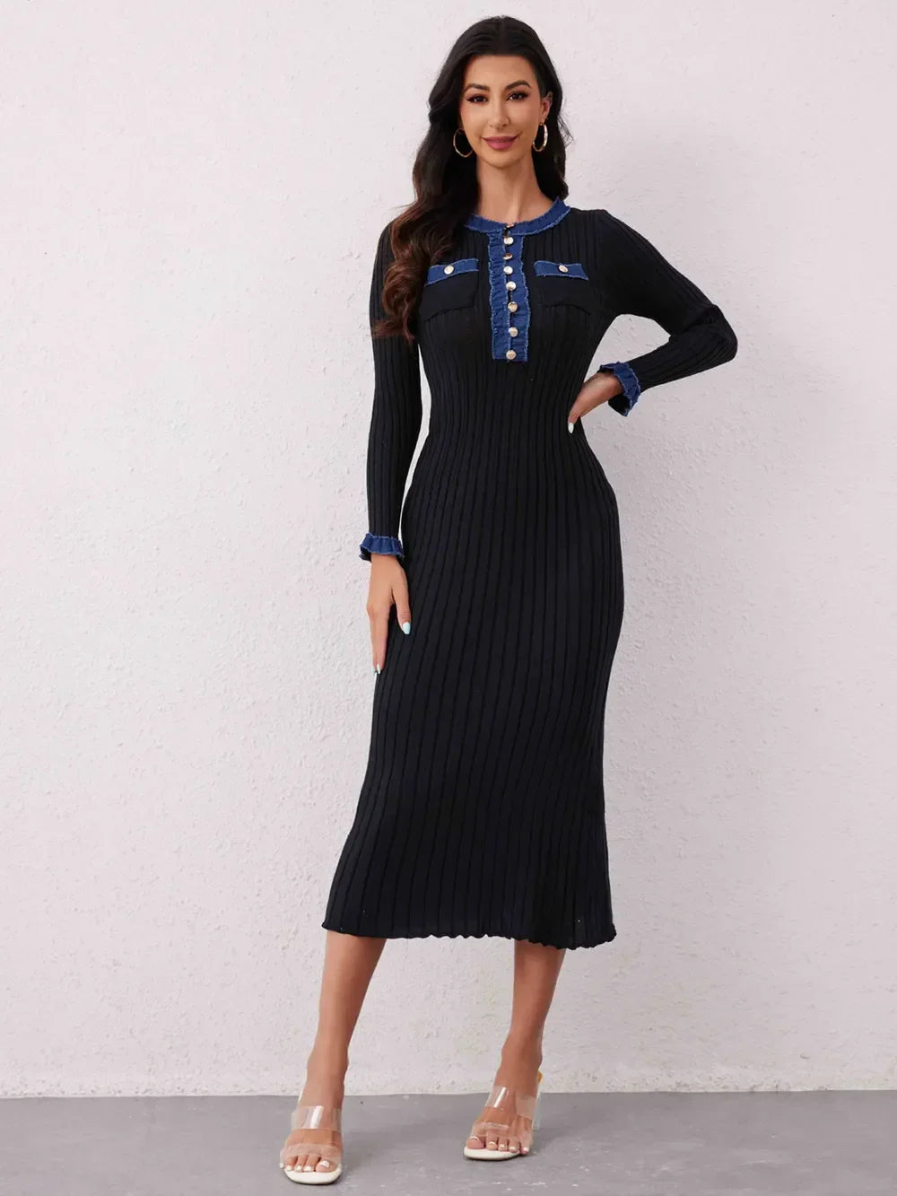 Contrast Trim Round Neck Long Sleeve Sweater Dress - tif-shop24.de