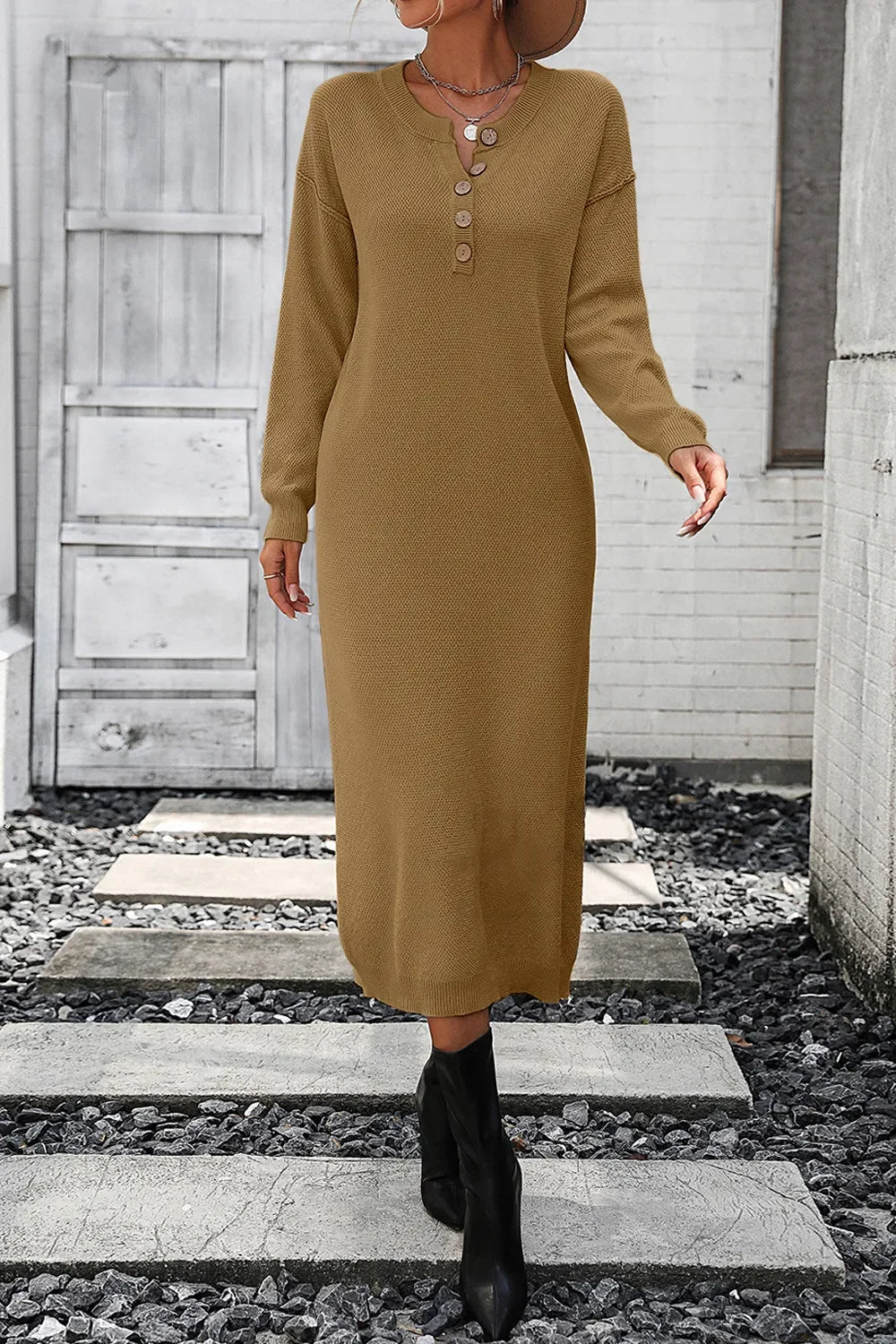 Decorative Button Notched Dropped Shoulder Sweater Dress - tif-shop24.de
