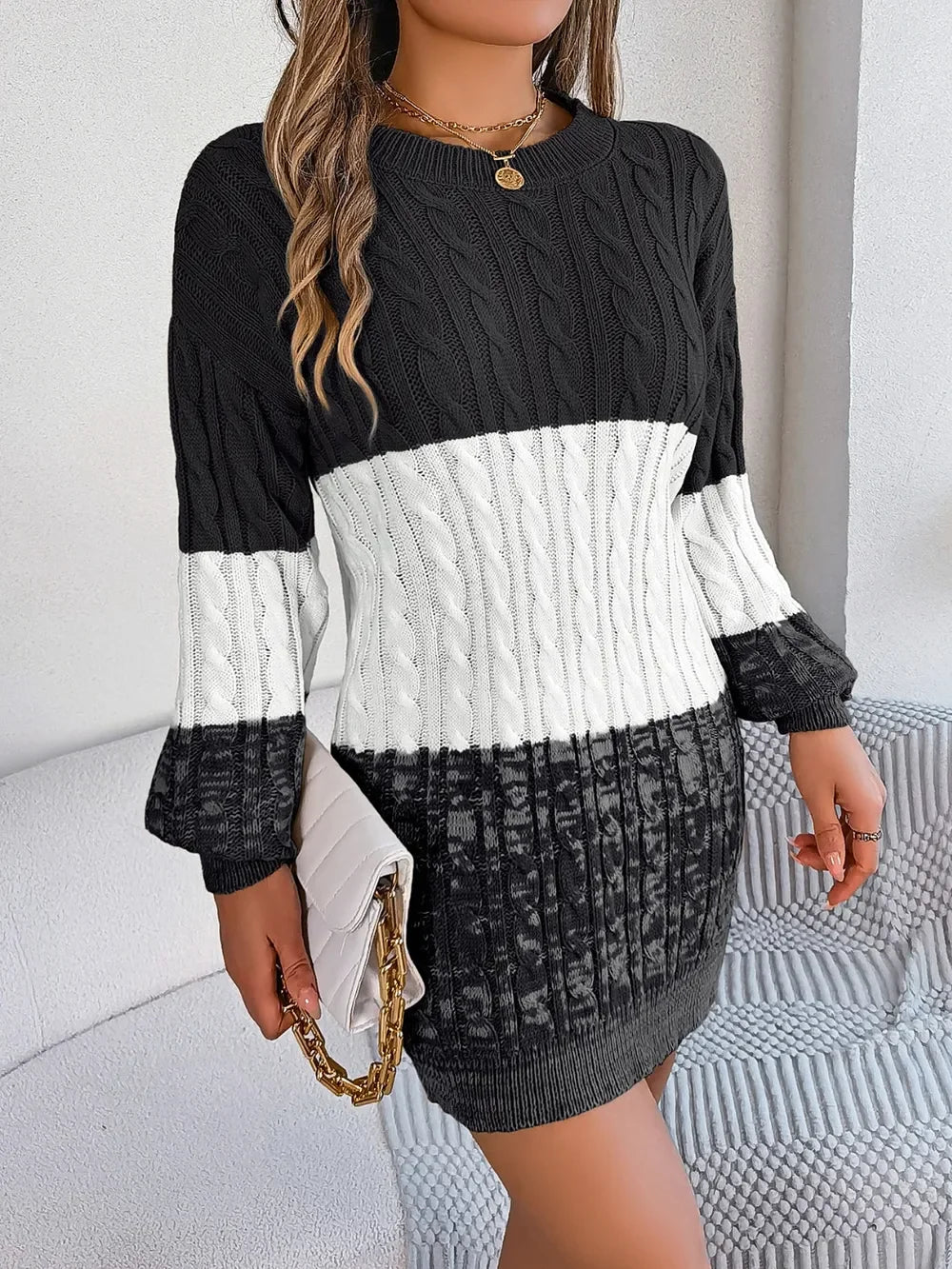 Cable-Knit Round Neck Color Block Sweater Dress - tif-shop24.de