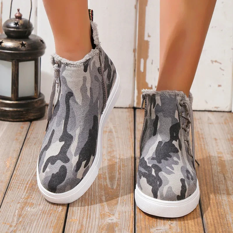 Lace-Up Round Toe Canvas Boots with Side Zip - tif-shop24.de