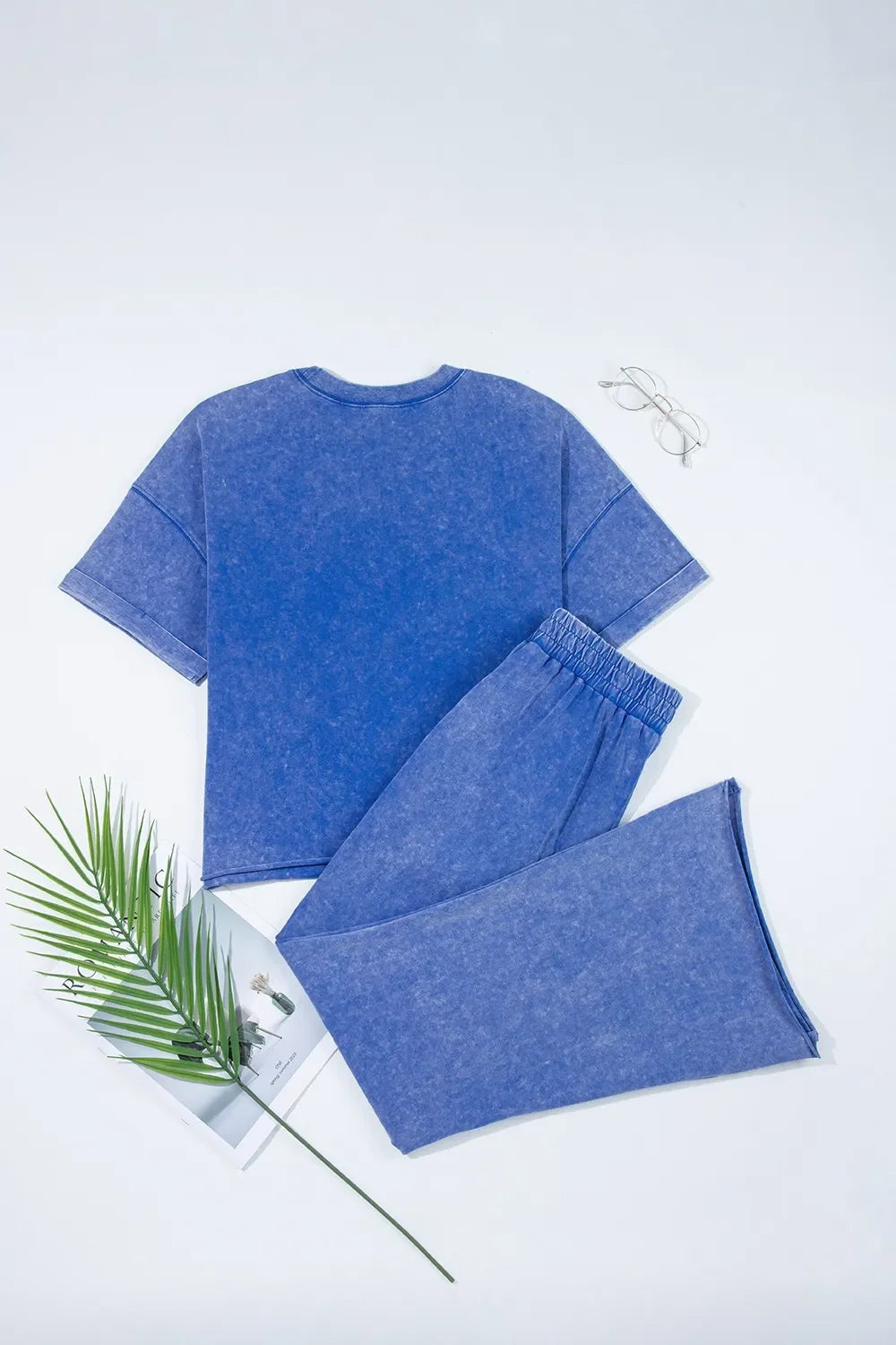 Acid Wash Star Patched Rolled Trim Top and Pants Set - tif-shop24.de