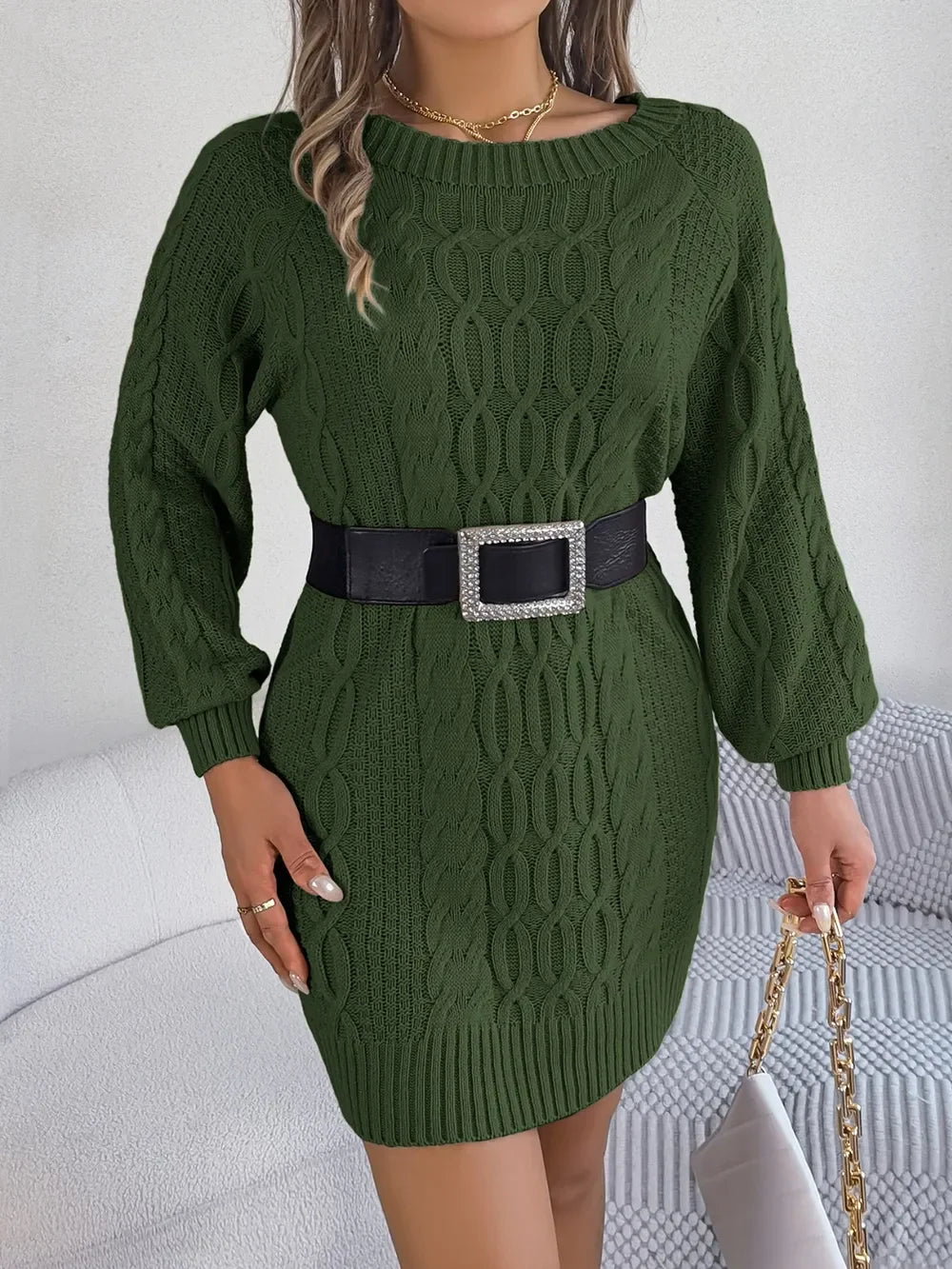 Cable-Knit Round Neck Sweater Dress - tif-shop24.de