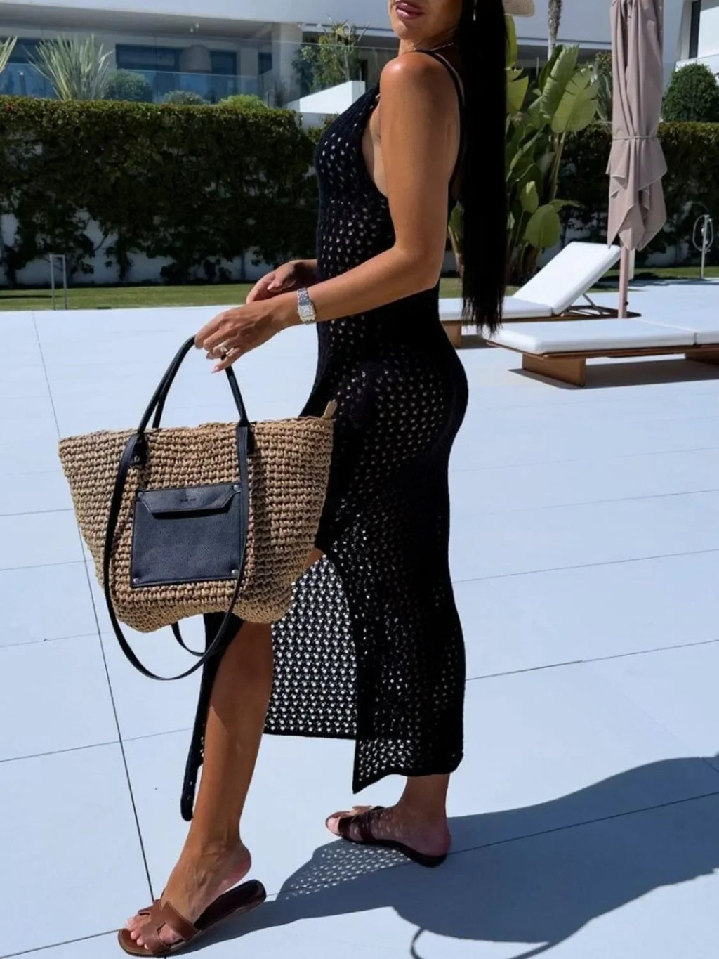 Openwork Slit Scoop Neck Sweater Dress - tif-shop24.de