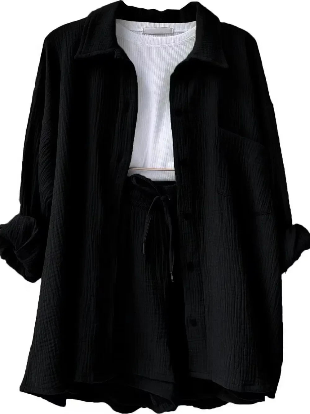 Texture Button Up Shirt and Drawstring Shorts Set - tif-shop24.de