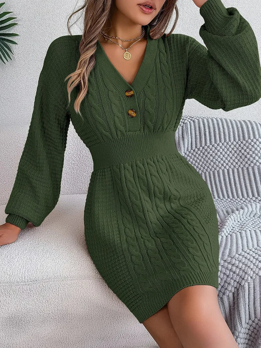 Buttoned Cable-Knit V-Neck Sweater Dress - tif-shop24.de