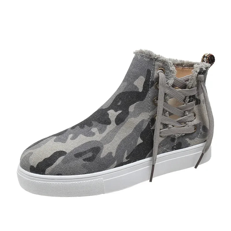 Lace-Up Round Toe Canvas Boots with Side Zip - tif-shop24.de