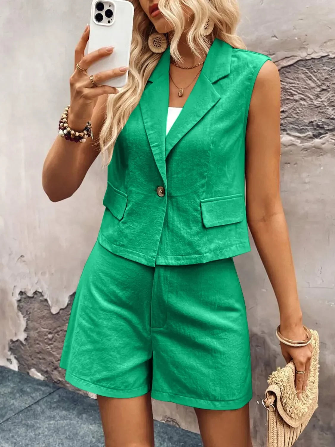 One Button Sleeveless Top and Shorts Set - tif-shop24.de