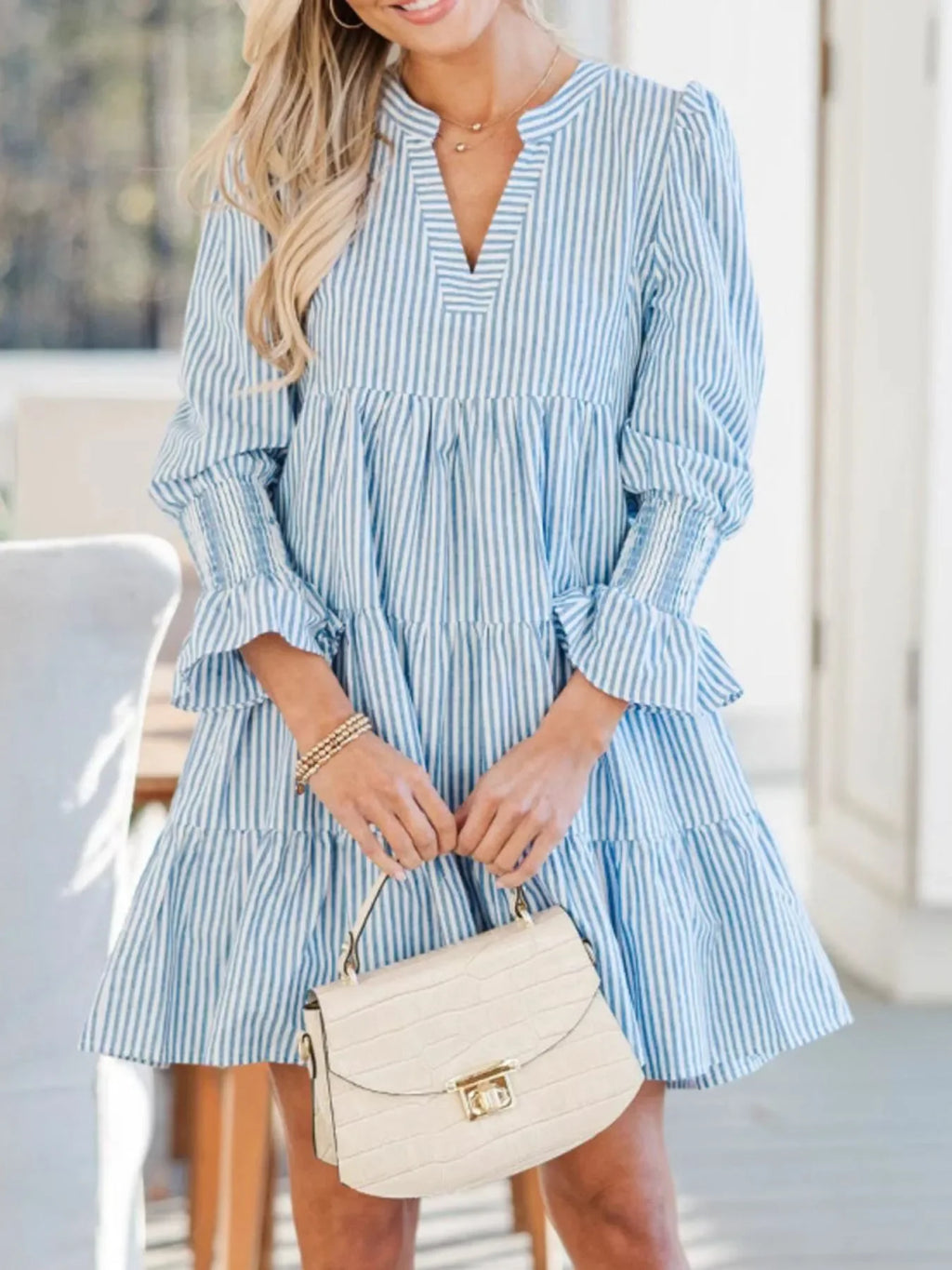 Striped Tiered Flounce Sleeve Shirt Dress - tif-shop24.de