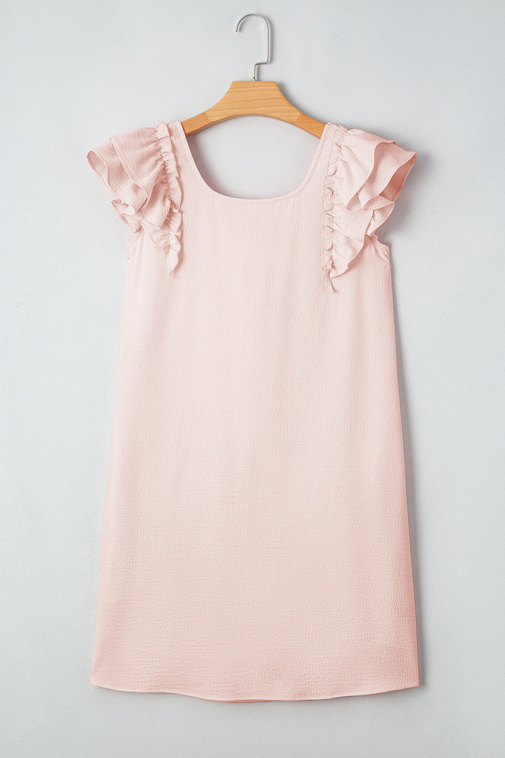 Light Pink Textured Flutter Sleeve Square Neck Bow Back Mini Dress