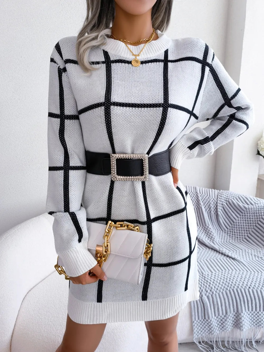 Plaid Round Neck Dropped Shoulder Sweater Dress - tif-shop24.de