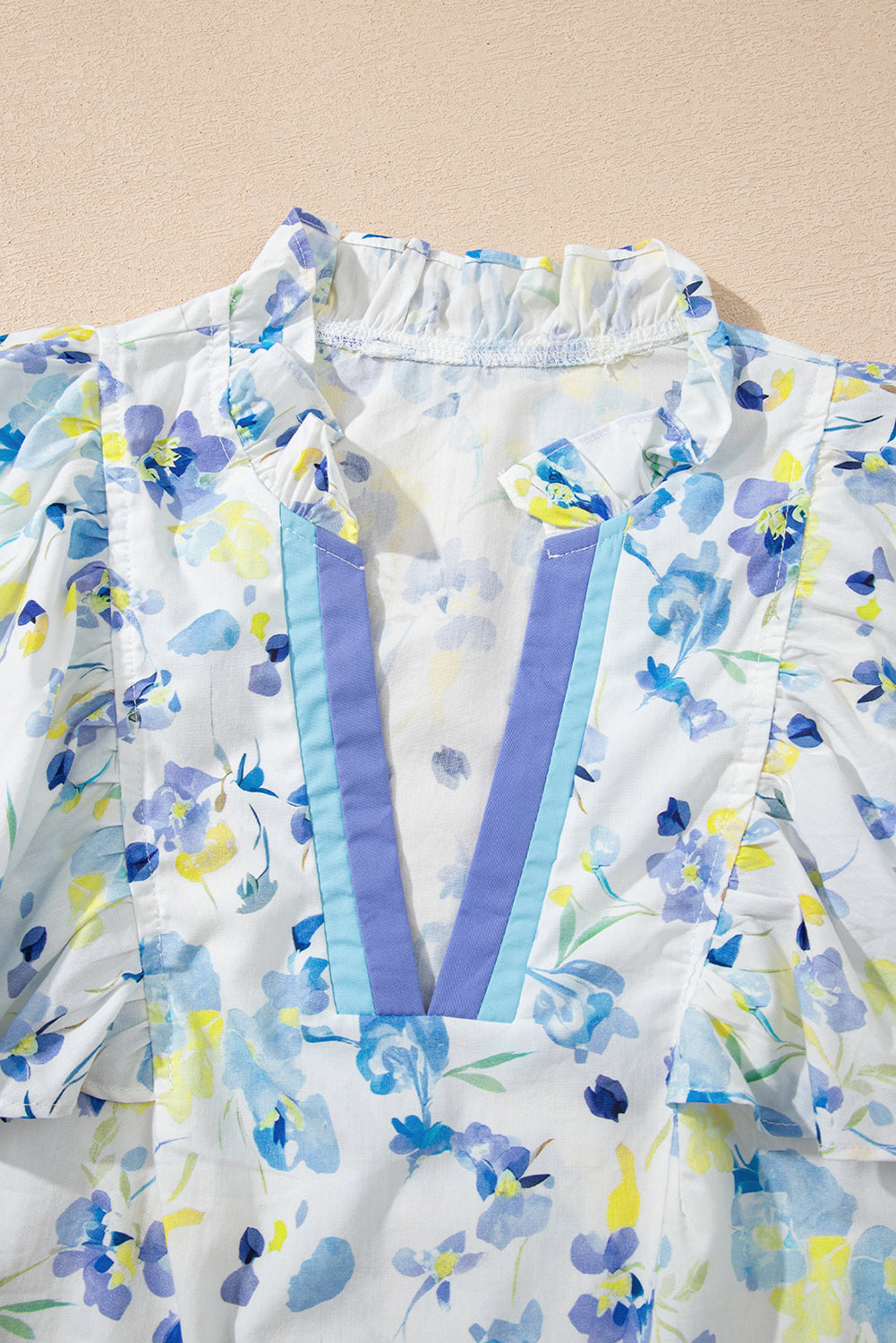 Sky Blue Floral Print Frilled Notch V Neck Ruffle Blouse