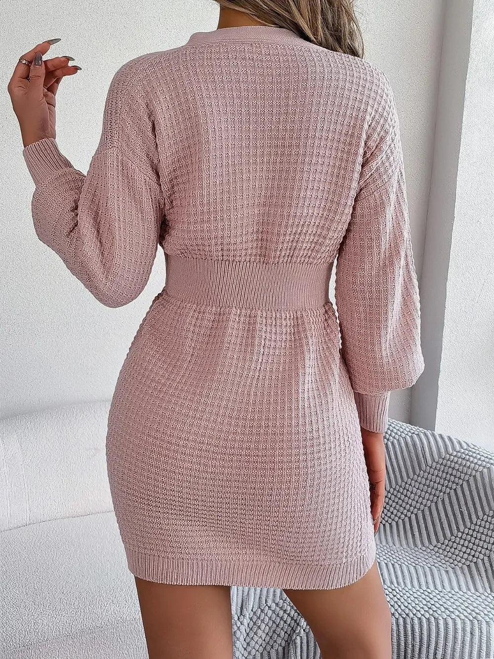 Buttoned Cable-Knit V-Neck Sweater Dress - tif-shop24.de