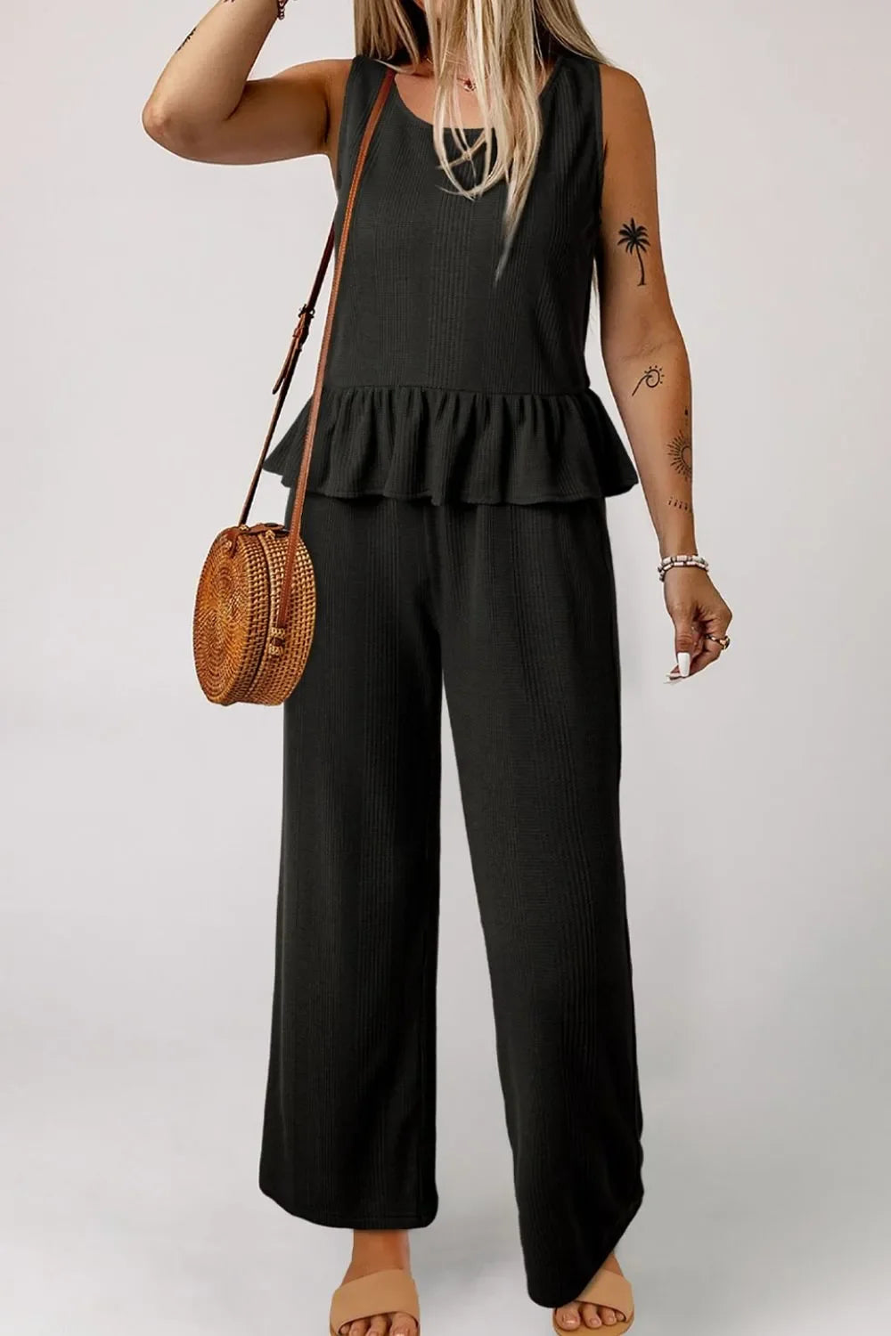 Color Ribbed Ruffle Tank Top and Pants Set - tif-shop24.de