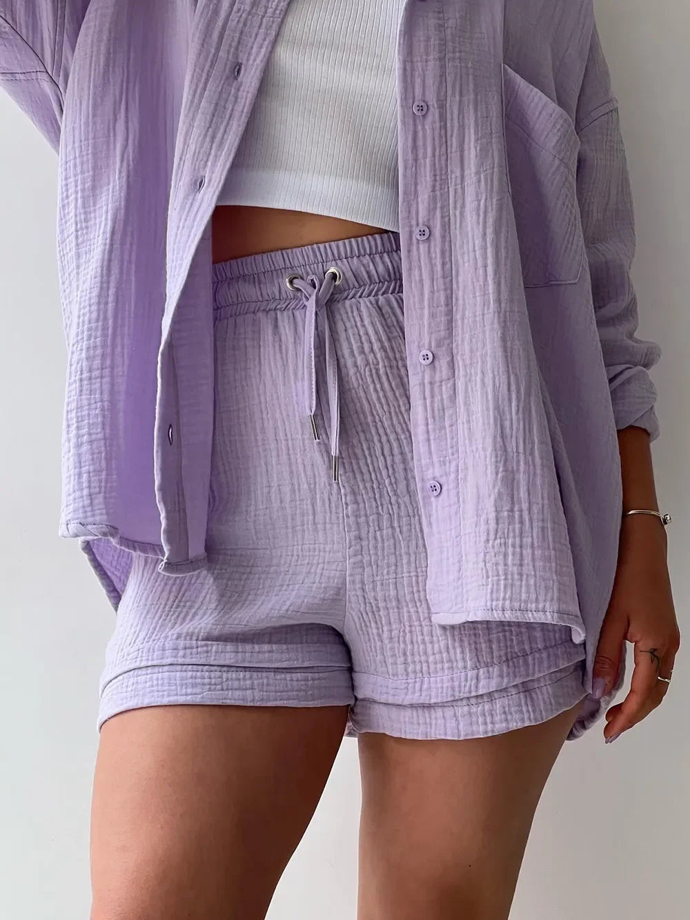 Texture Button Up Shirt and Drawstring Shorts Set - tif-shop24.de