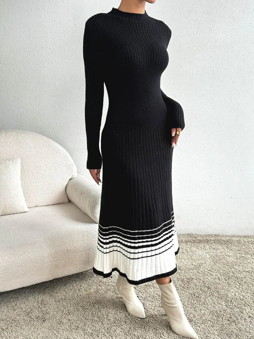 Contrast Mock Neck Long Sleeve Sweater Dress - tif-shop24.de