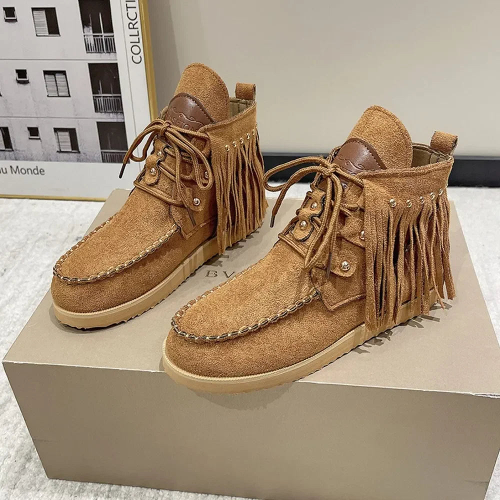 Fringe Studded Round Toe Canvas Boots - tif-shop24.de