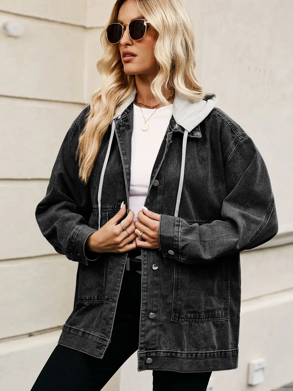 Oversized Button Up Denim Jacket with Hood - tif-shop24.de