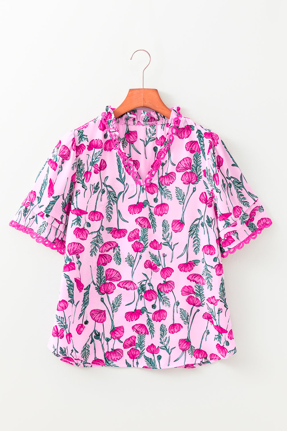 Pink Floral Print Lace Detail Frill V Neck Blouse