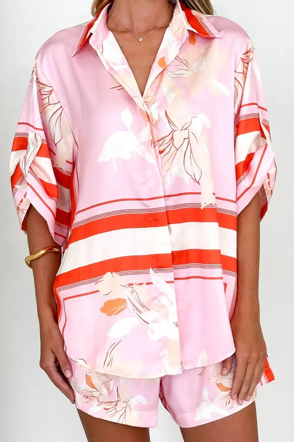 Printed Collared Neck Top and Shorts Set - tif-shop24.de