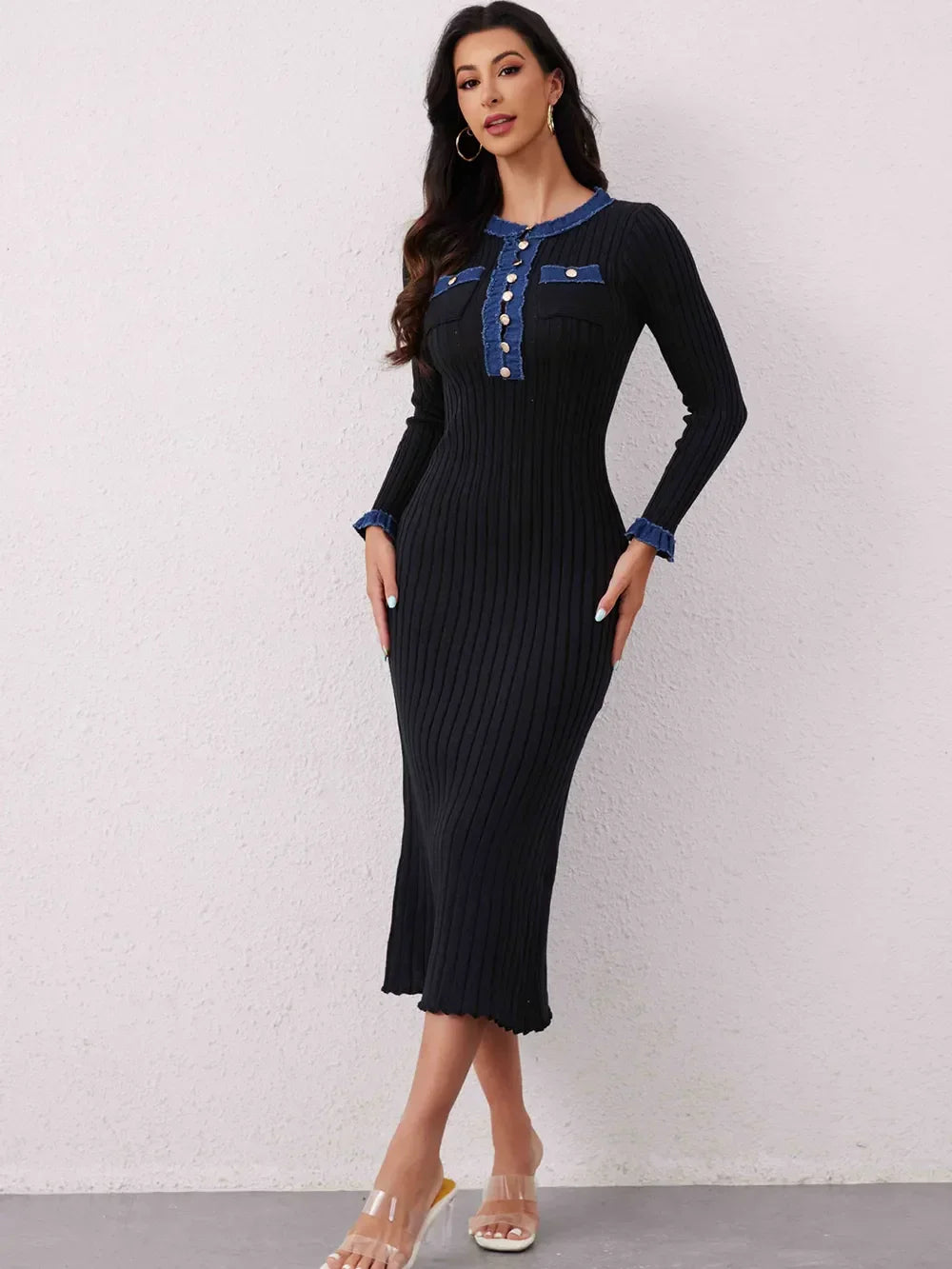 Contrast Trim Round Neck Long Sleeve Sweater Dress - tif-shop24.de