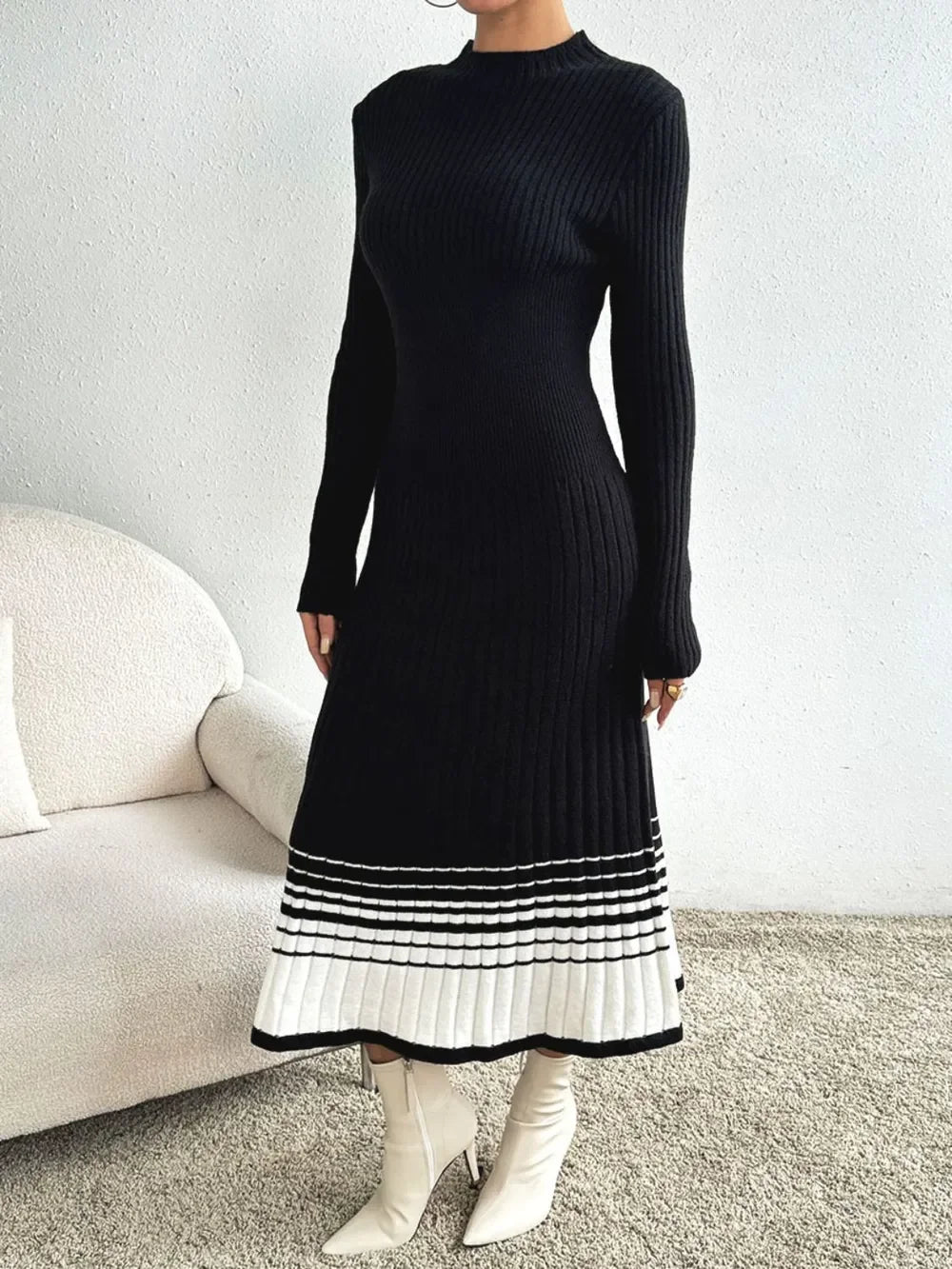 Contrast Mock Neck Long Sleeve Sweater Dress - tif-shop24.de