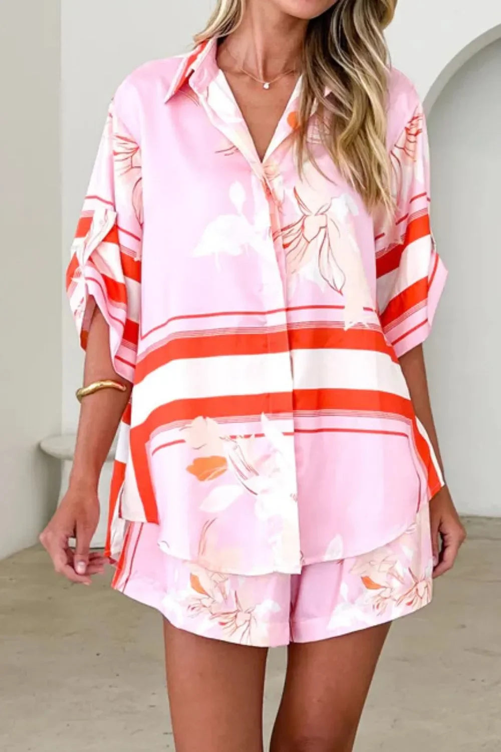 Printed Collared Neck Top and Shorts Set - tif-shop24.de