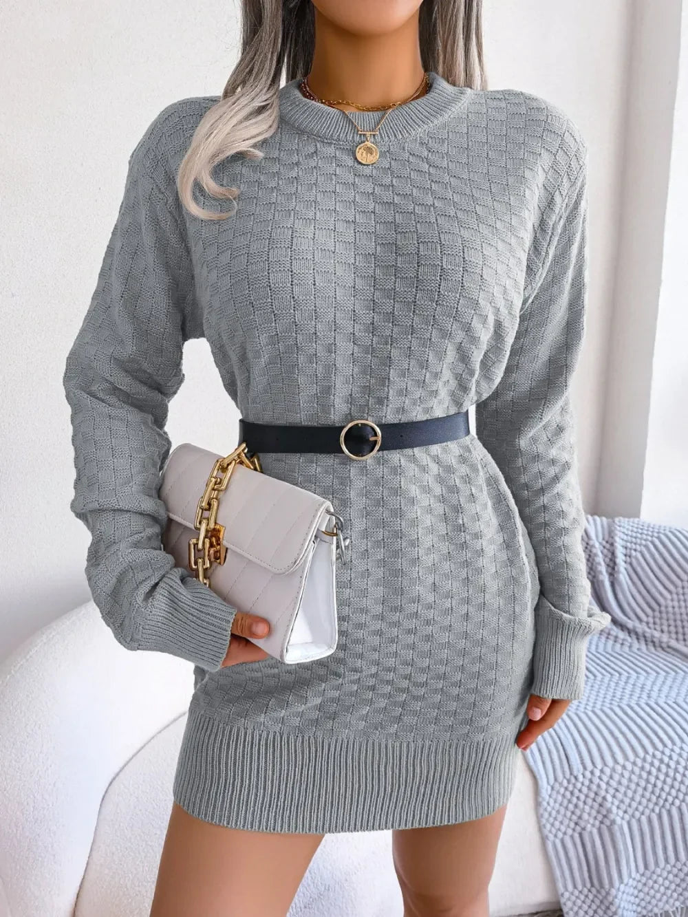 Round Neck Long Sleeve Mini Sweater Dress - tif-shop24.de