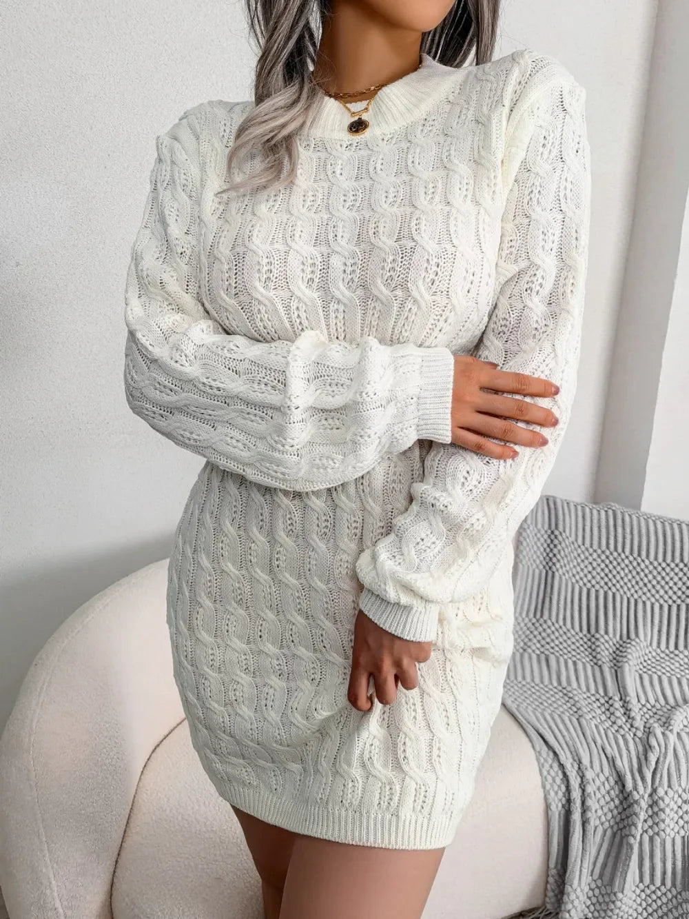Cable-Knit Round Neck Mini Wrap Sweater Dress - tif-shop24.de