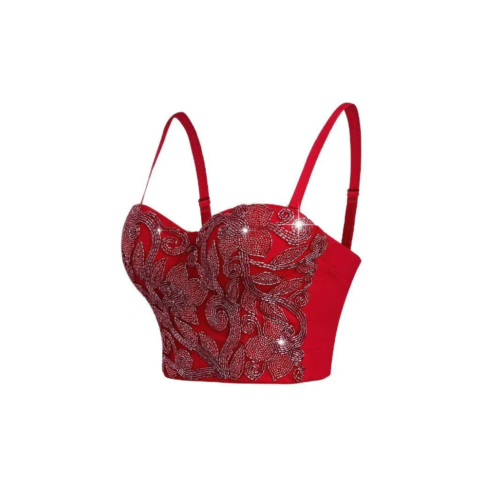 Elastic Red Bone Chest Support Sequin Embroidered Strap Camisole - tif-shop24.de