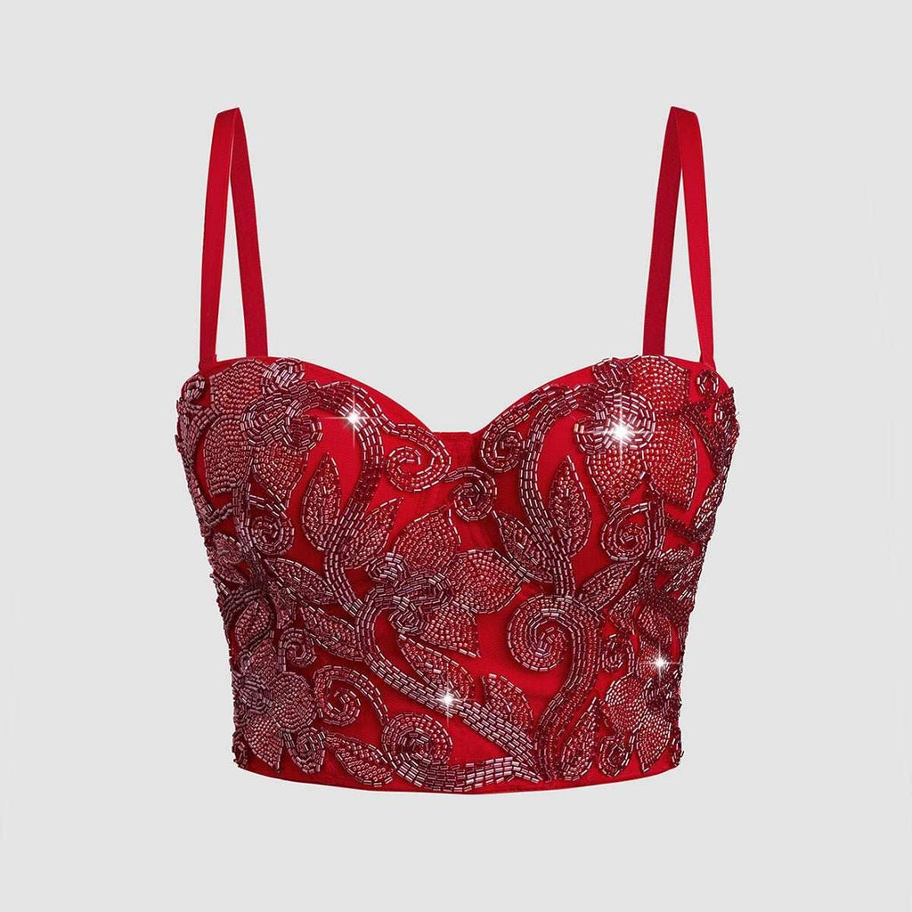 Elastic Red Bone Chest Support Sequin Embroidered Strap Camisole - tif-shop24.de