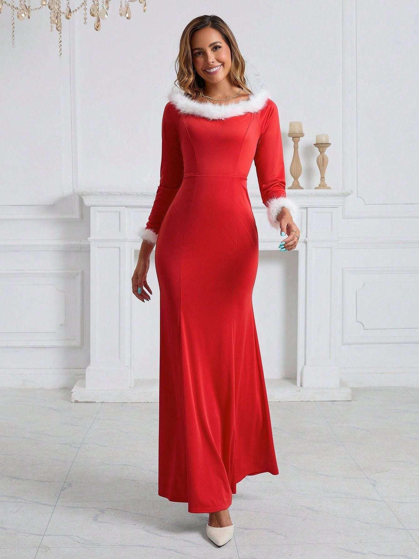 European And American Autumn And Winter New Christmas Evening Dress Plush Slim Fit Patchwork Dress - tif-shop24.de