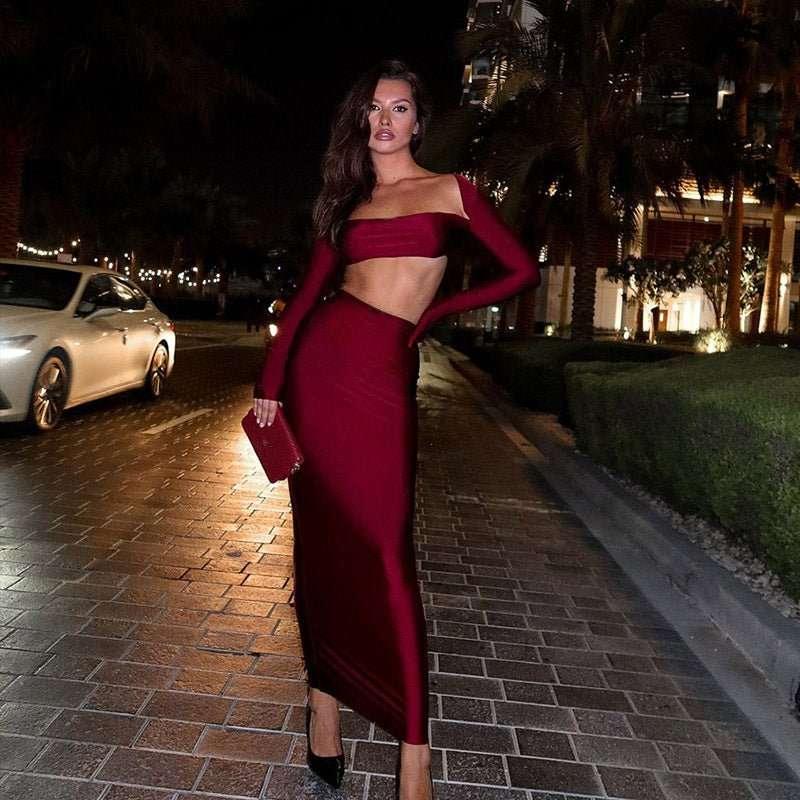 European and American long sleeved long skirt set, strapless short top, high waist, hip hugging skirt, sexy and spicy two-piece set - tif-shop24.de