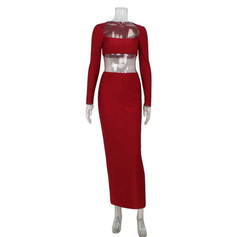 European and American long sleeved long skirt set, strapless short top, high waist, hip hugging skirt, sexy and spicy two-piece set - tif-shop24.de