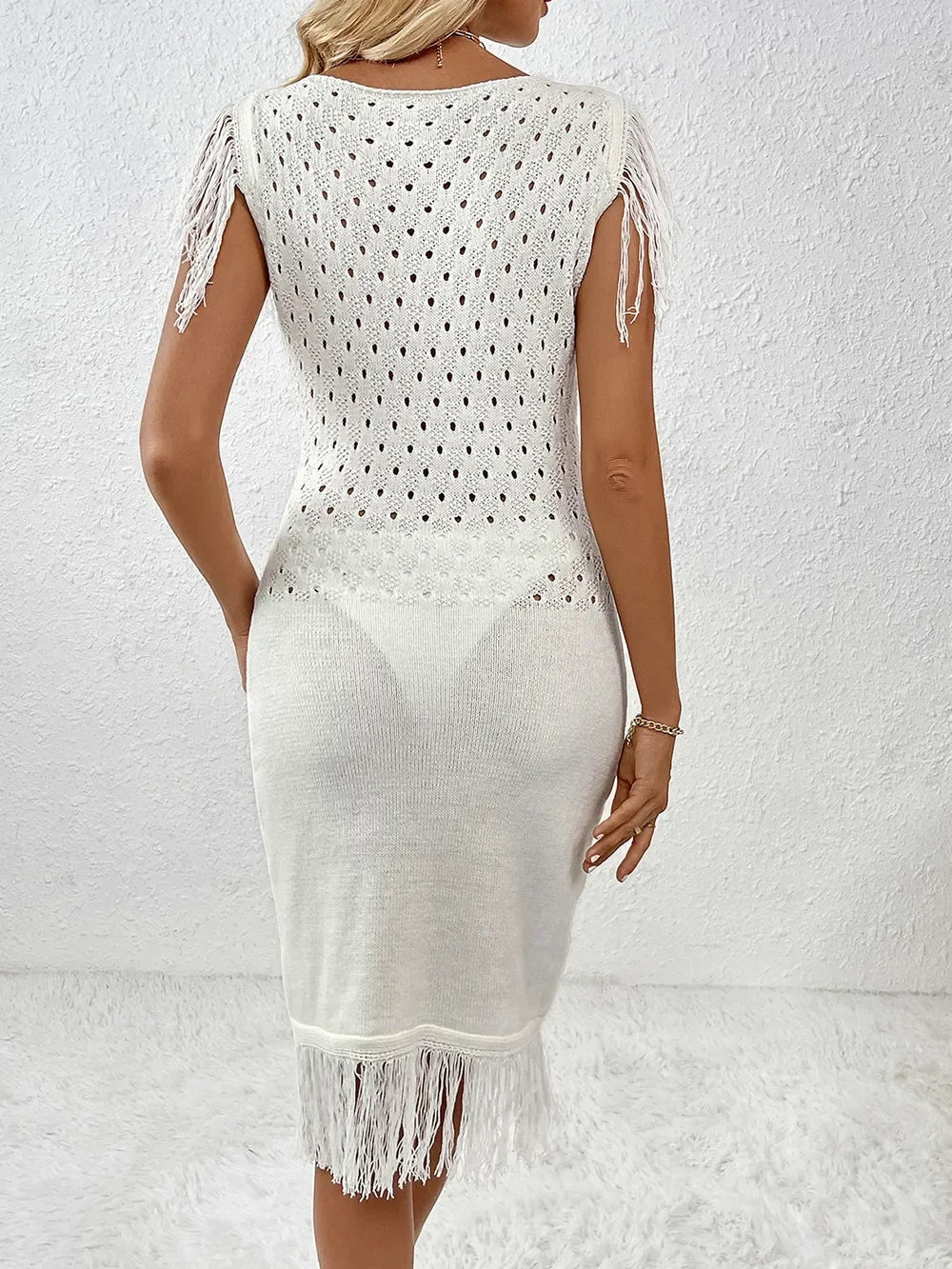 Fringe Openwork Boat Neck Knit Dress - tif-shop24.de