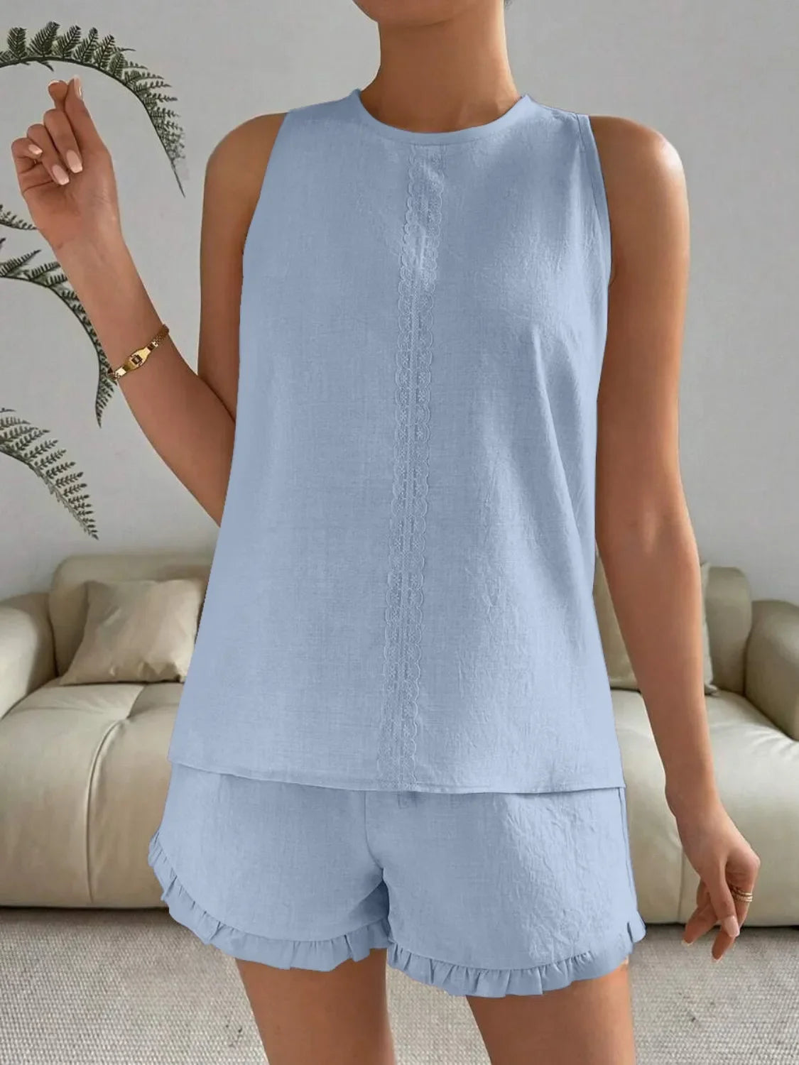 Lace Detail Round Neck Tank and Shorts Set - tif-shop24.de