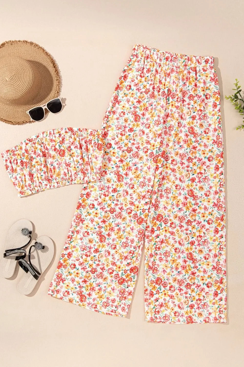 Boho Floral Bandeau Top and High Waist Wide Leg Pants Set - tif-shop24.de