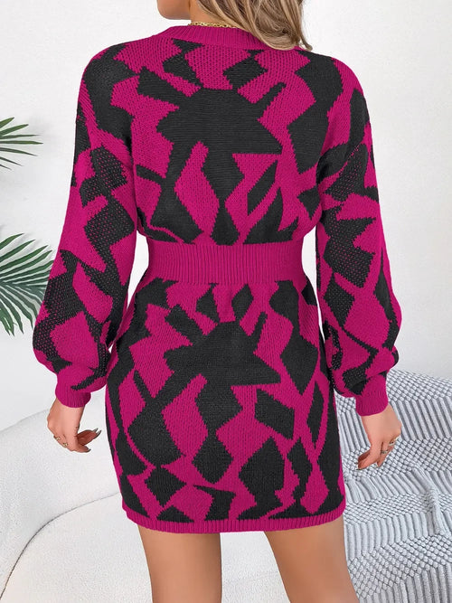 Contrast Round Neck Cutout Long Sleeve Mini Sweater Dress - tif-shop24.de