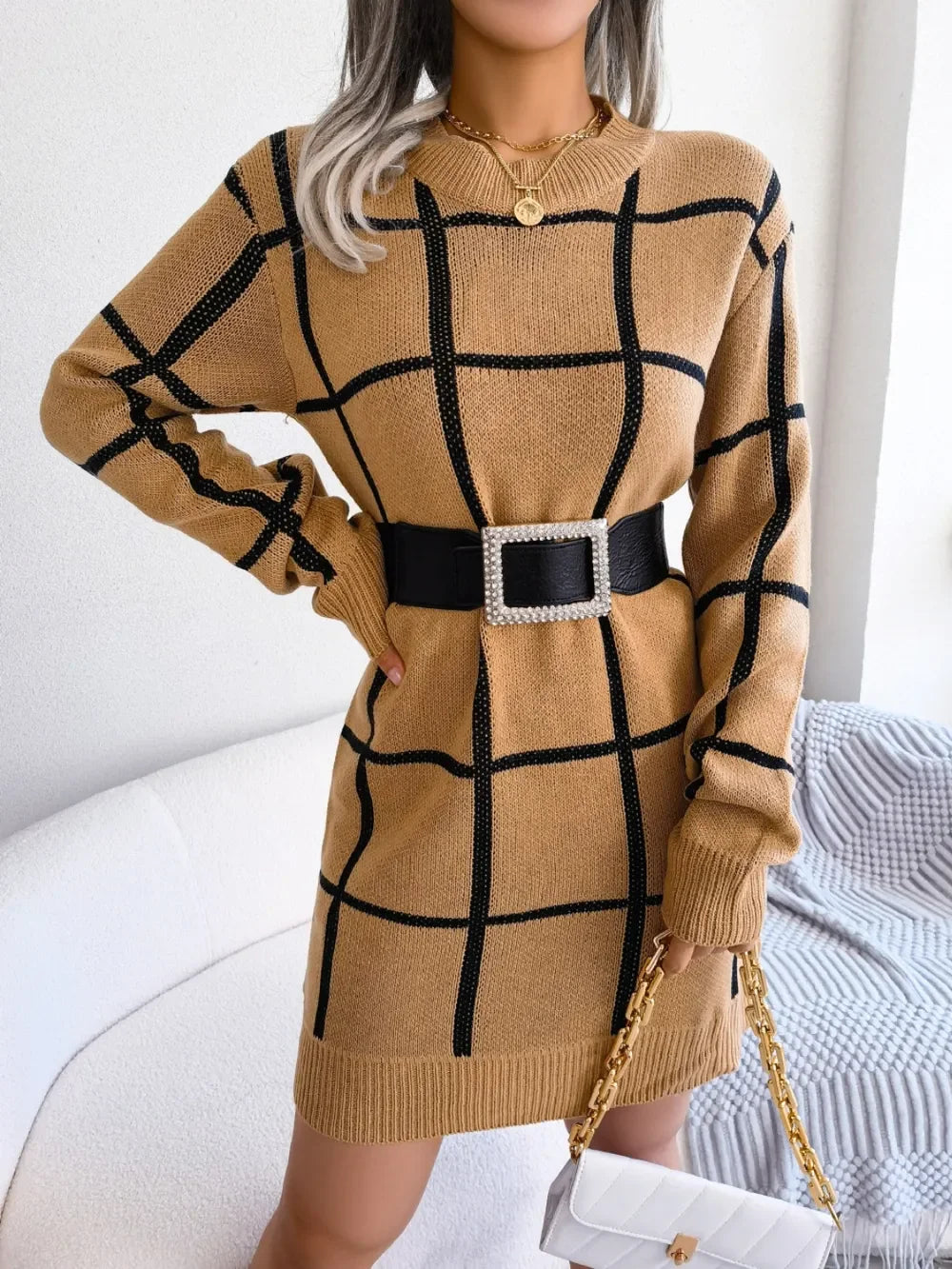 Plaid Round Neck Dropped Shoulder Sweater Dress - tif-shop24.de