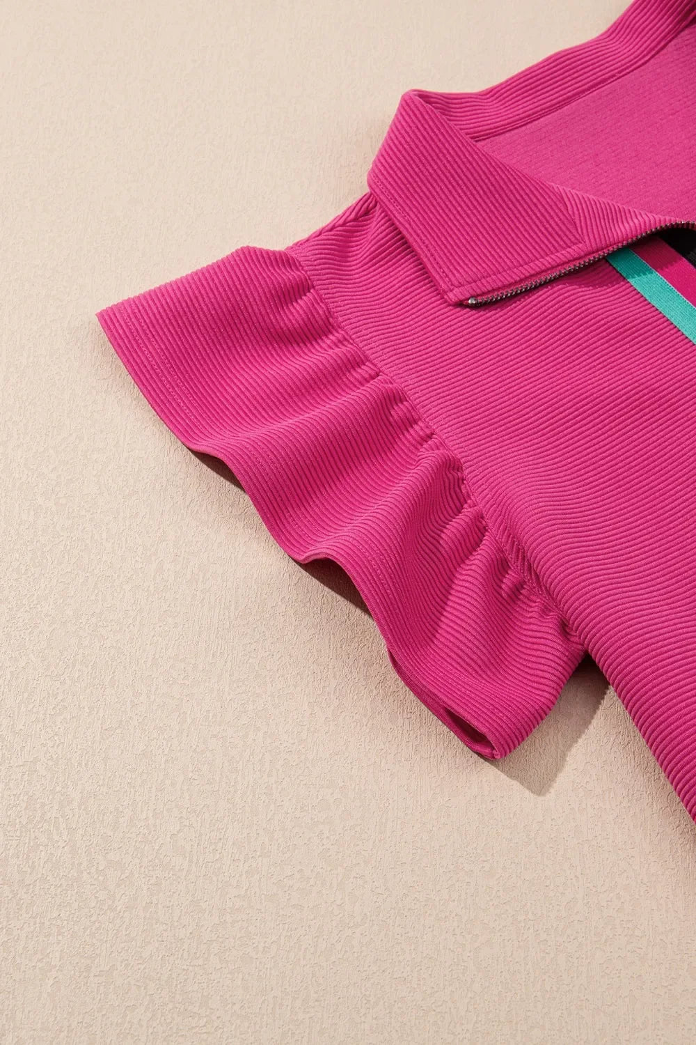 Striped Detail Flutter Sleeve Zipped Collar Top and Short Set - tif-shop24.de