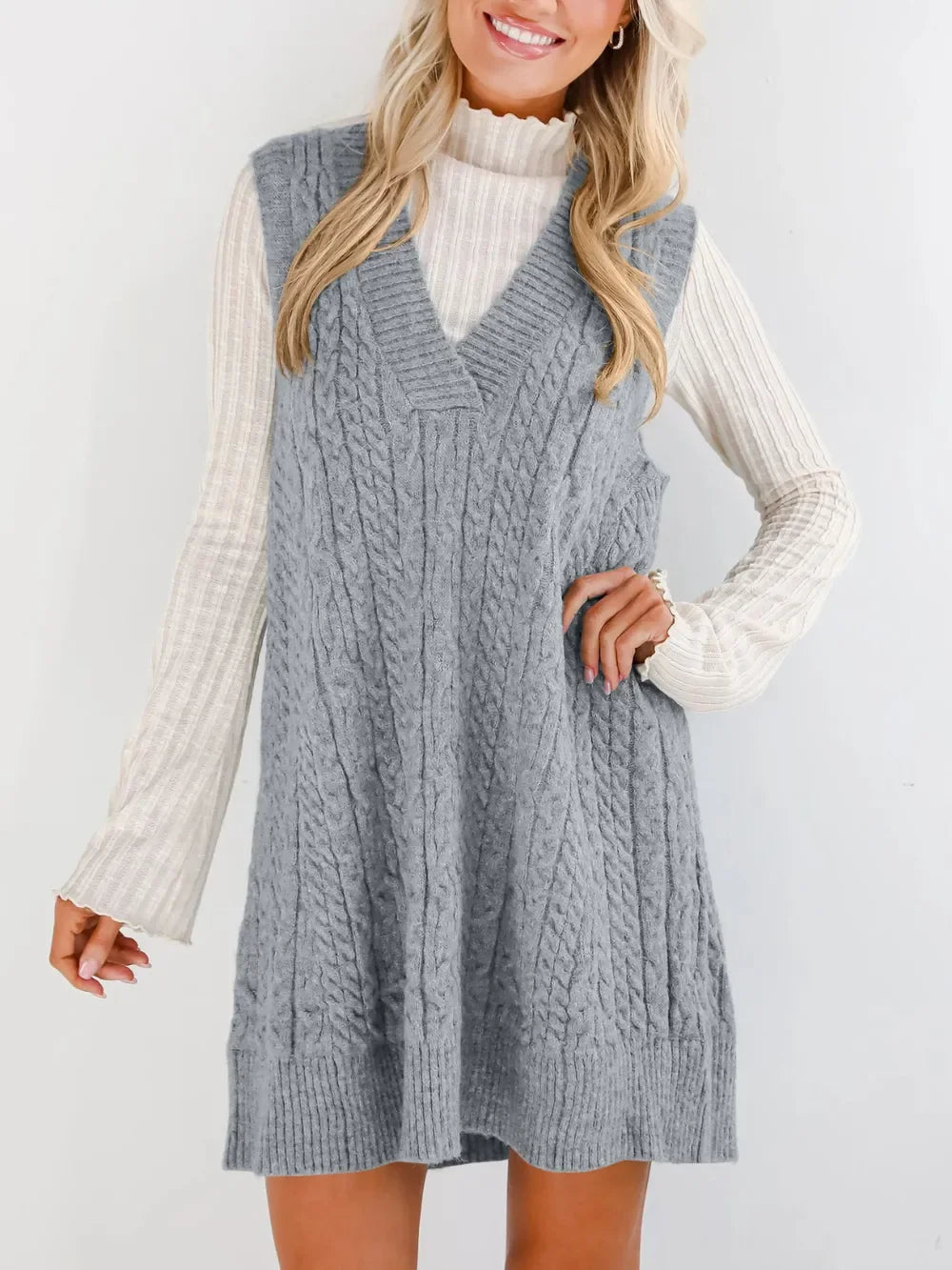 Lovelet Cable Knit V-Neck Mini Sweater Overall Dress - tif-shop24.de