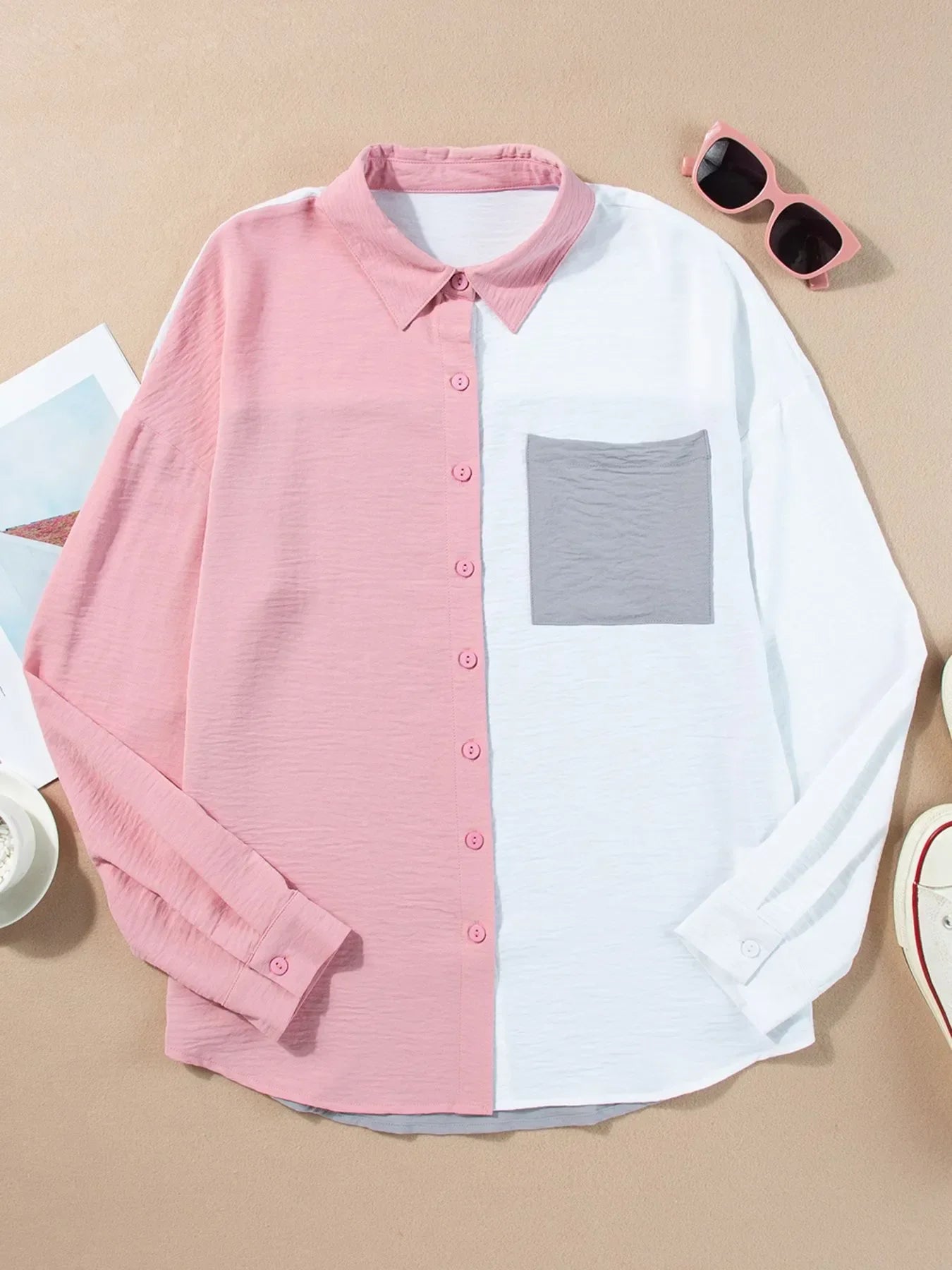 Color Block Oversized Button-Up Shirt with Chest Pocket - tif-shop24.de