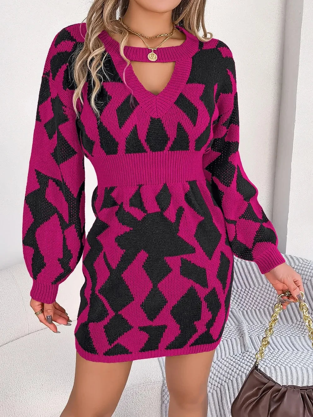 Contrast Round Neck Cutout Long Sleeve Mini Sweater Dress - tif-shop24.de