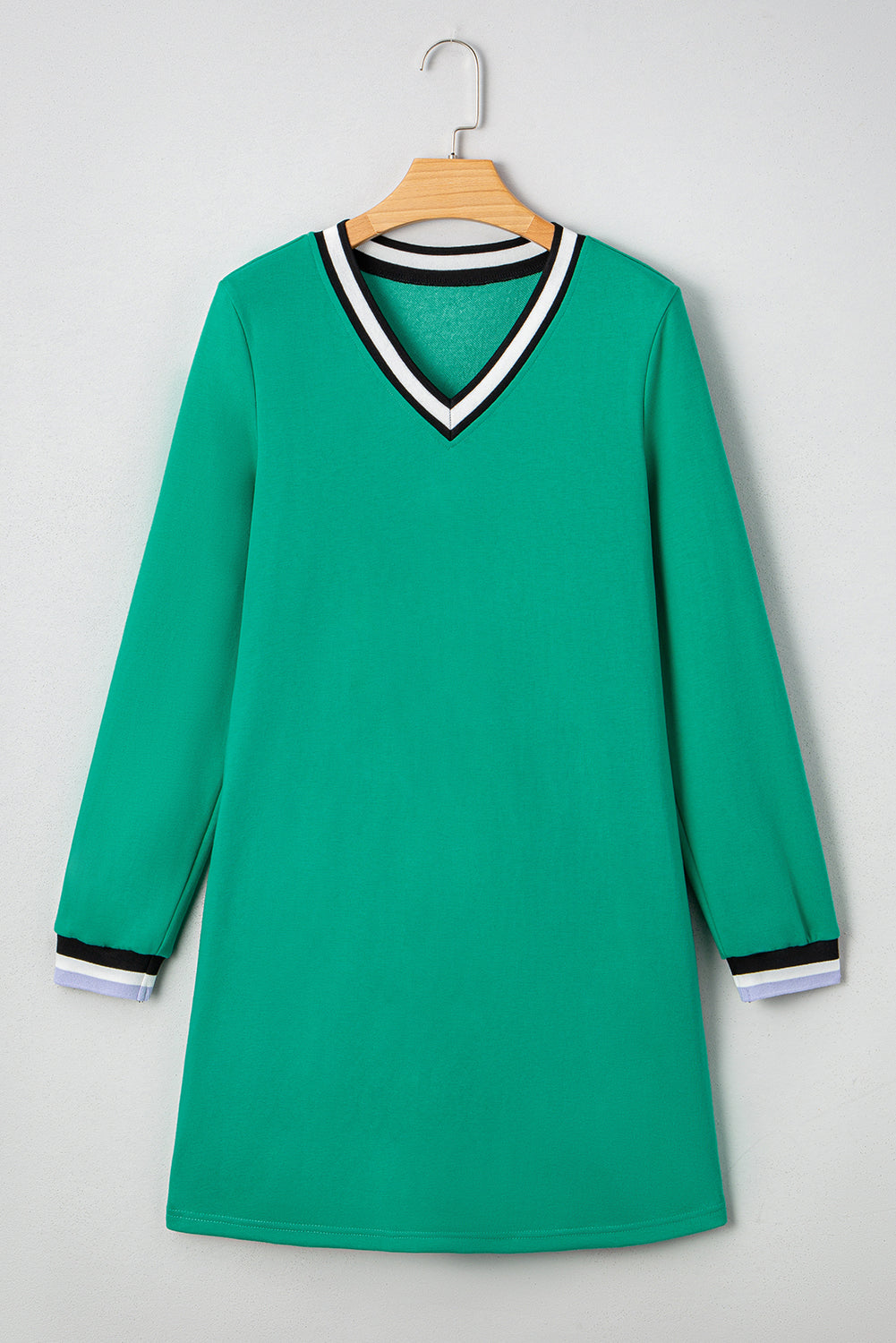 Mint Green Preppy Contrast Striped V Neck Long Sleeve T-shirt Dress