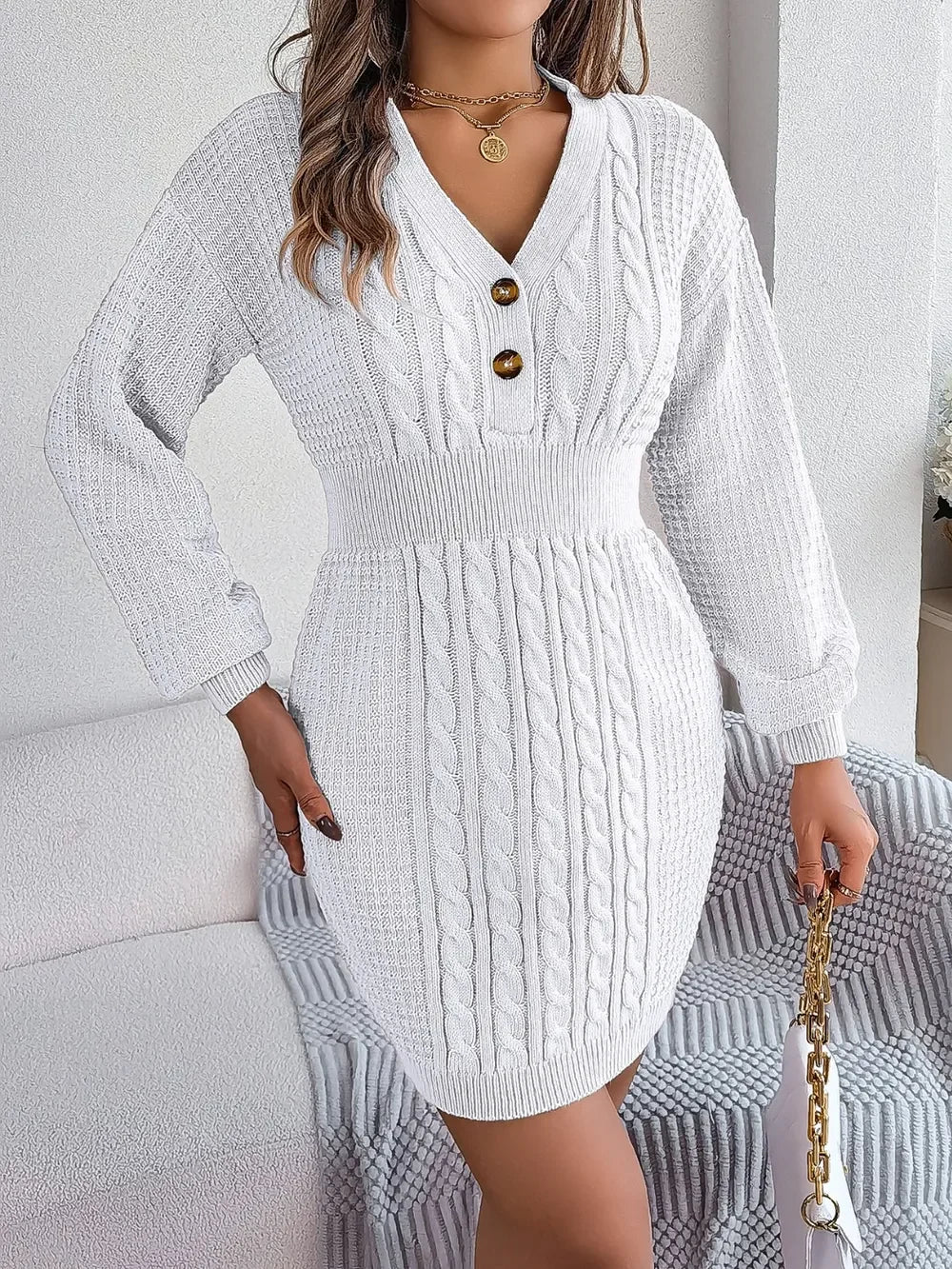 Buttoned Cable-Knit V-Neck Sweater Dress - tif-shop24.de