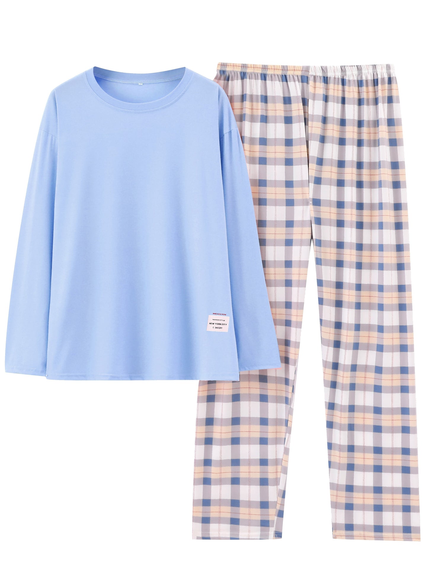 Plus Size Casual Soft Long Sleeve Tee & Plaid Pants Comfort Loungewear Pyjama