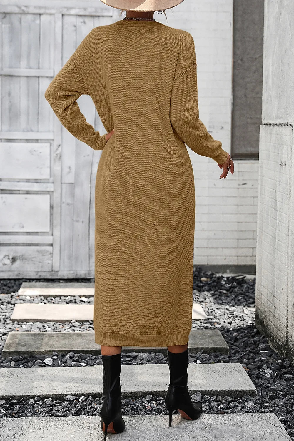 Decorative Button Notched Dropped Shoulder Sweater Dress - tif-shop24.de