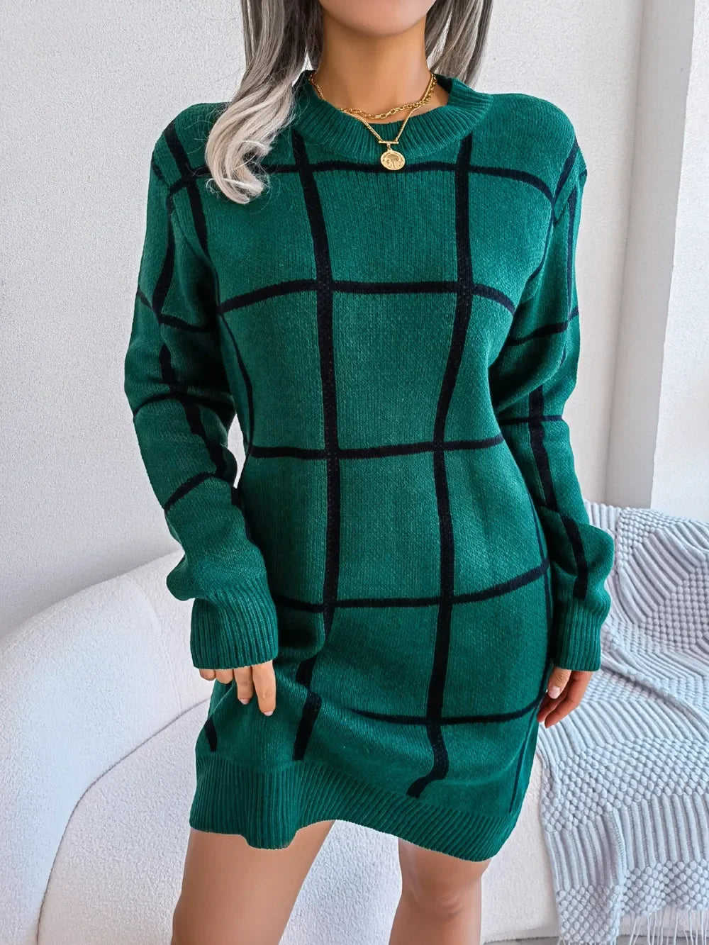 Plaid Round Neck Dropped Shoulder Sweater Dress - tif-shop24.de